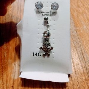 Skull belly button ring and earrings.  Bundle For Extra Discount. NEW